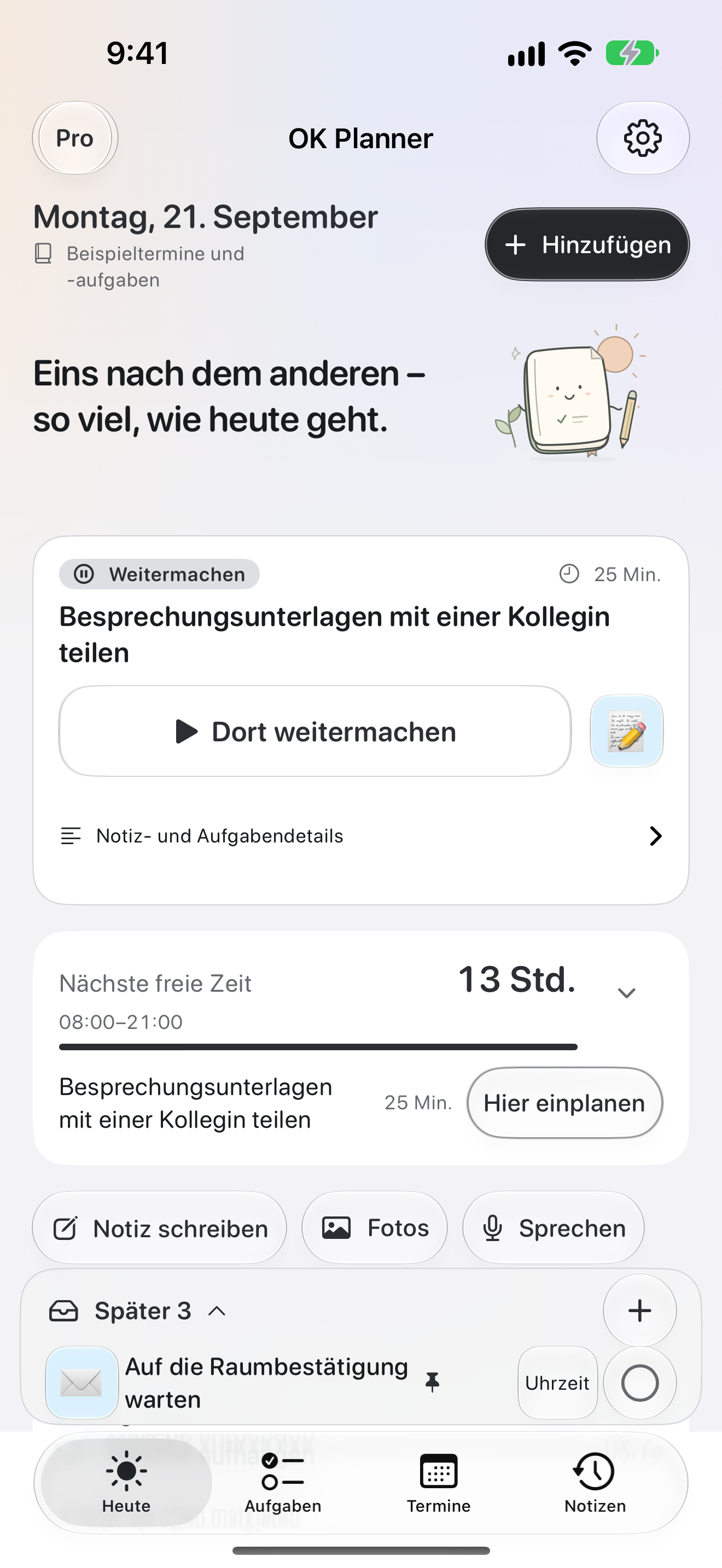 Die Heute-Ansicht in OK Planner mit der nächsten Aufgabe und der freien Zeit drumherum