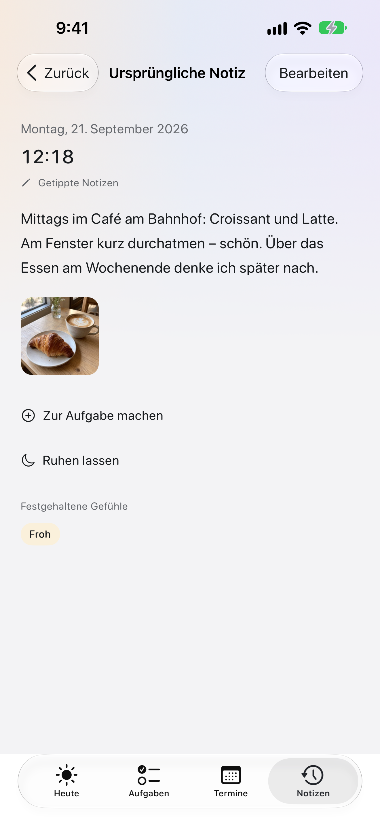 Detailansicht eines Tagebucheintrags in OK Planner mit einem Foto, dem Eintragstext und einer gespeicherten Stimmung