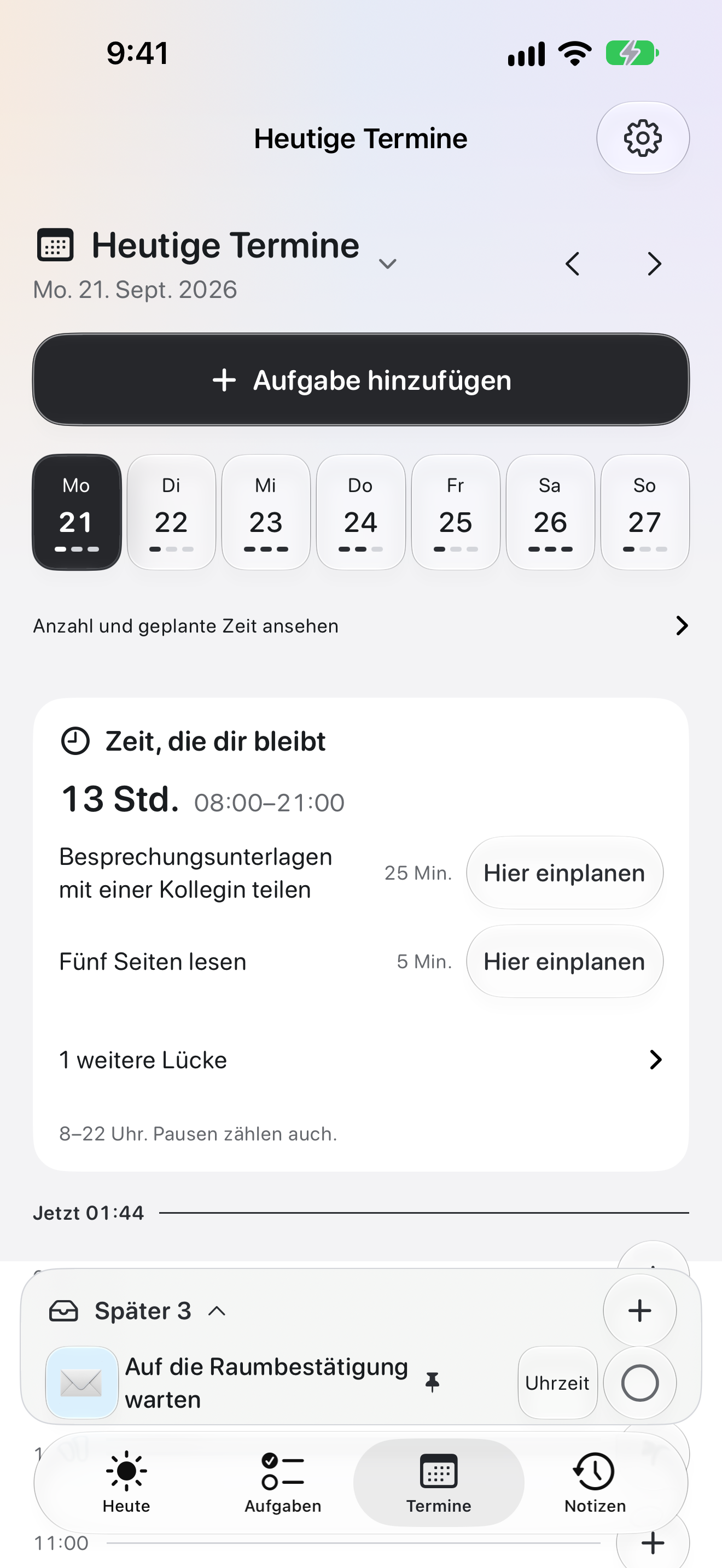Die Planer-Ansicht in OK Planner mit den Terminen des Tages und der verfügbaren Zeit