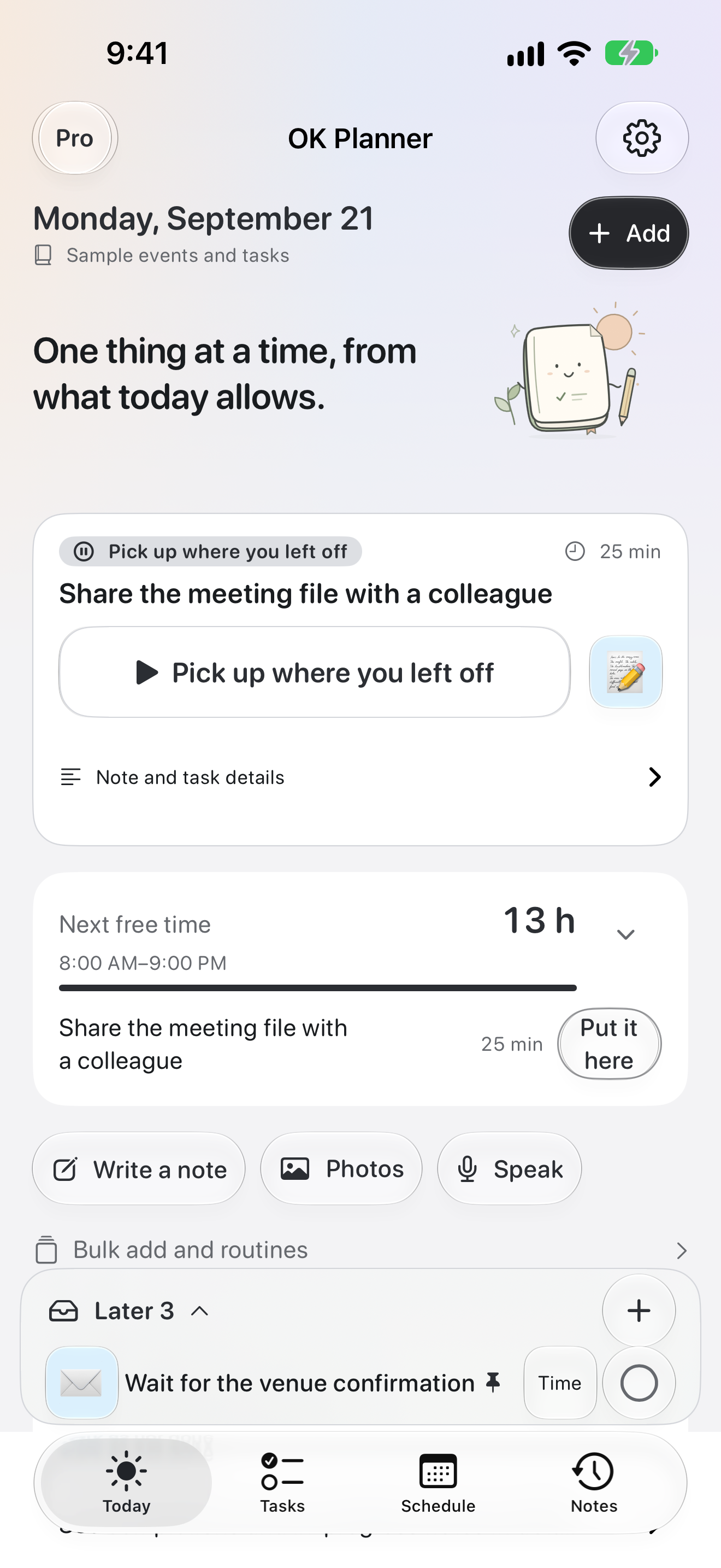 The today screen in OK Planner, showing what to do next and the time free around it