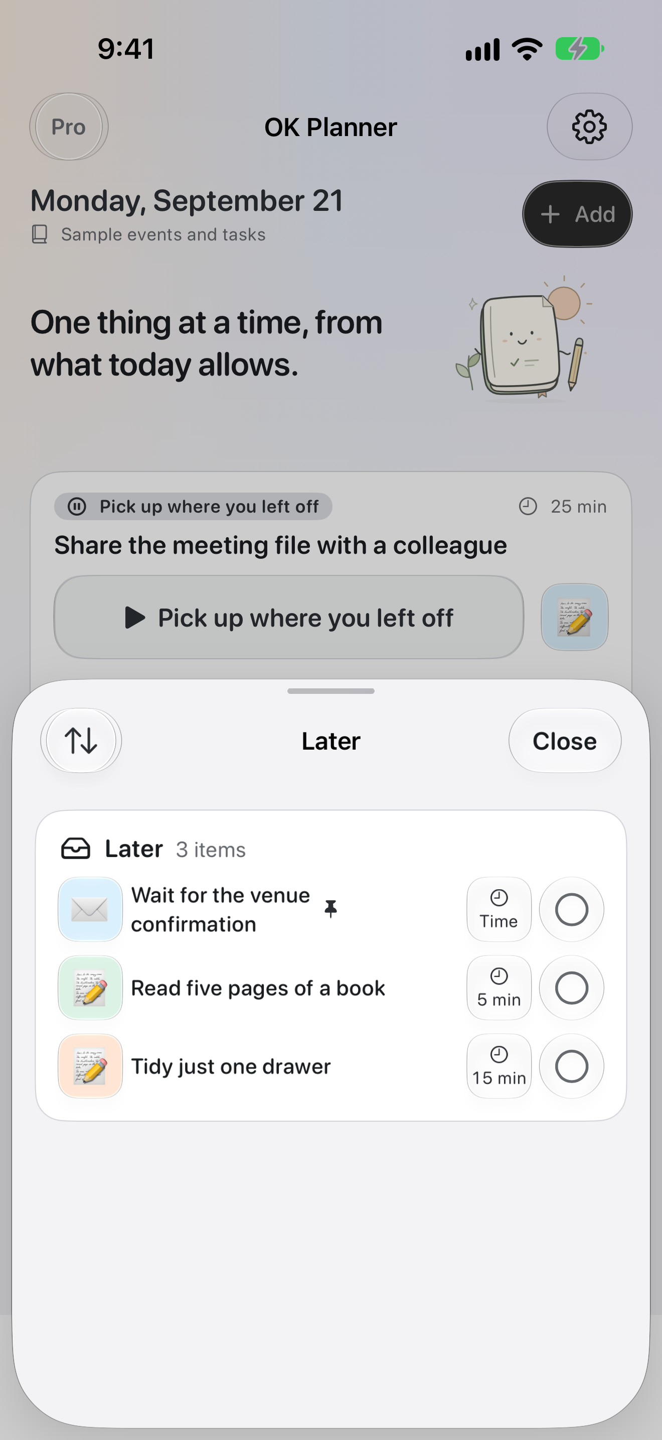 The Later list in OK Planner, showing tasks that have not been scheduled yet