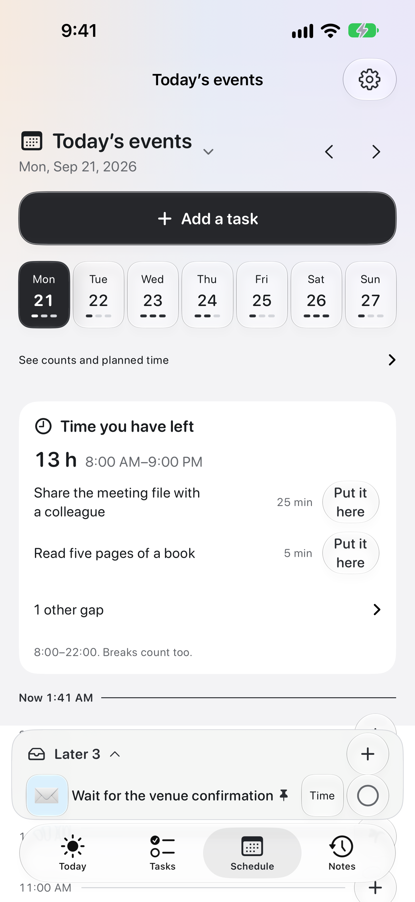 The planner screen in OK Planner, showing the day's events and the time available