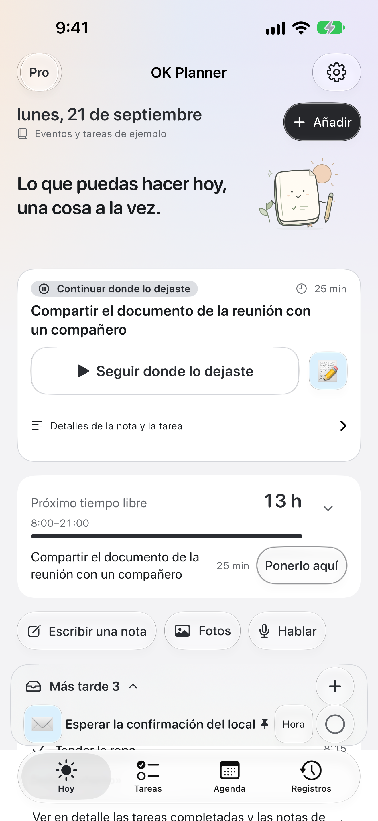 La pantalla Hoy de OK Planner, con lo siguiente que hacer y el tiempo libre alrededor