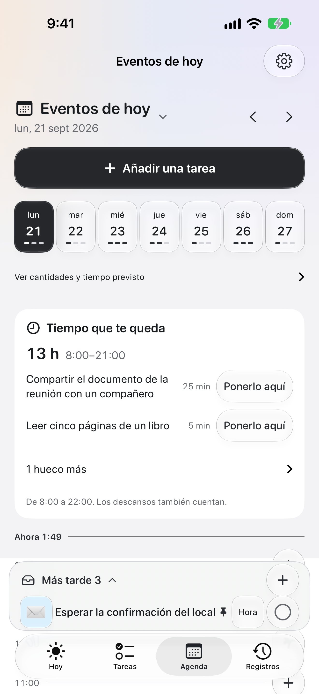 La pantalla Agenda de OK Planner, con los eventos del día y el tiempo disponible