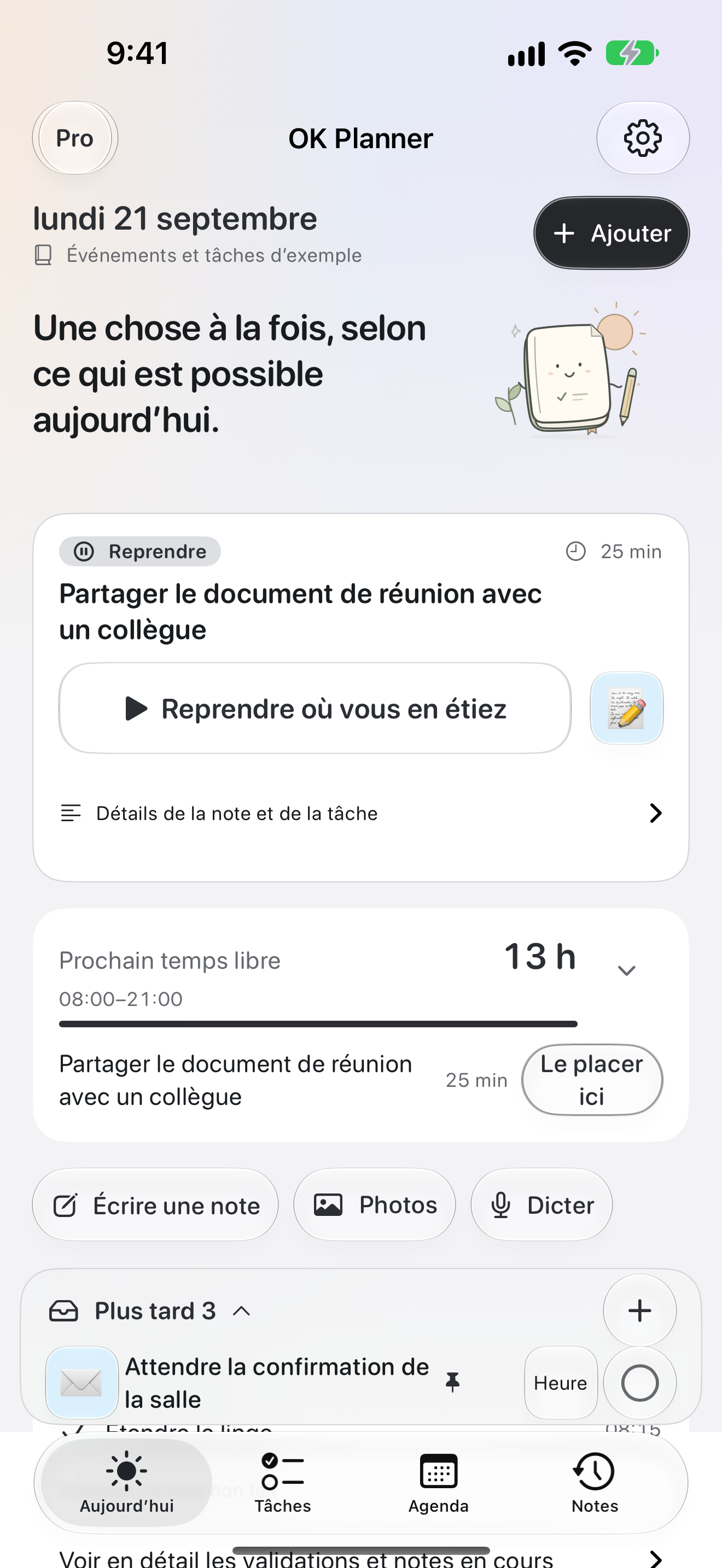 L’écran Aujourd’hui d’OK Planner, avec la prochaine chose à faire et le temps libre autour