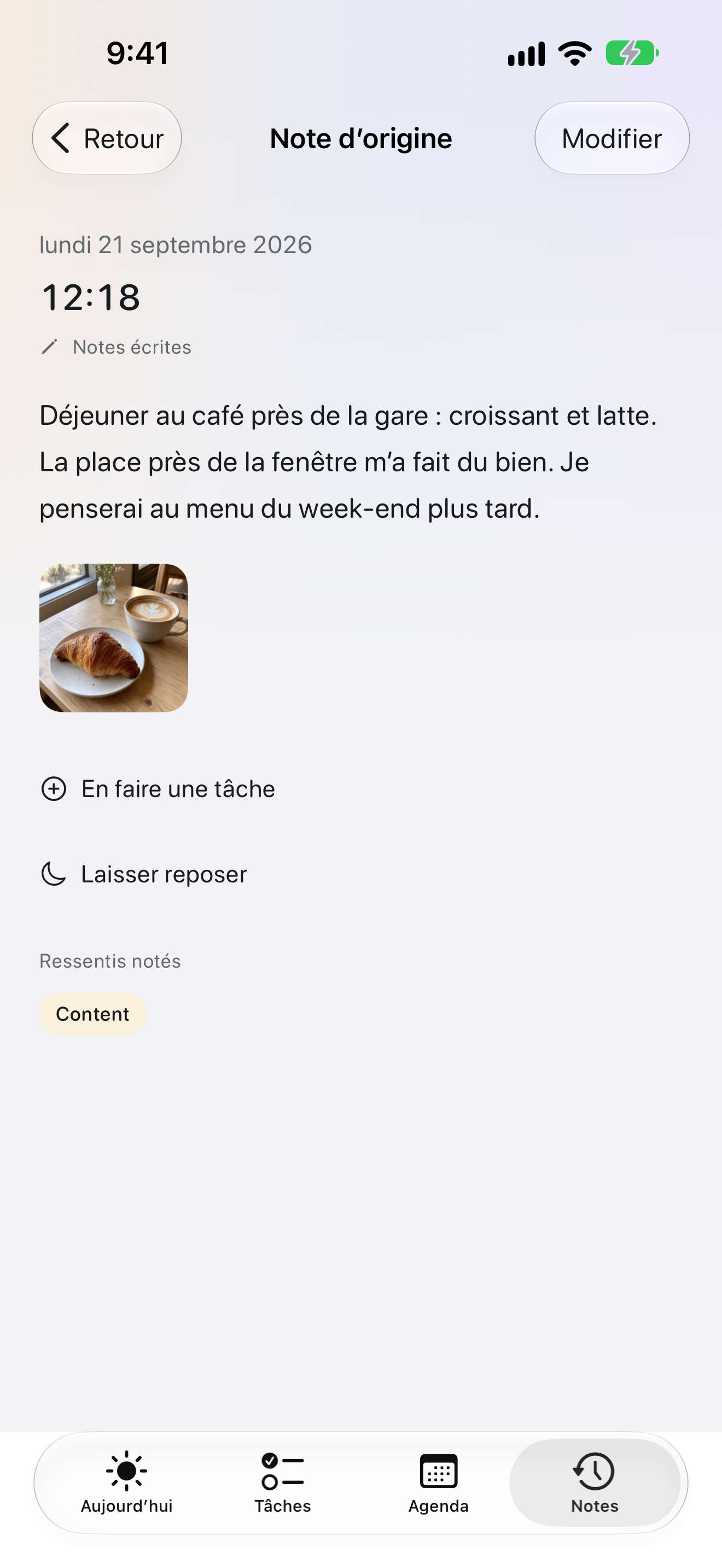 Le détail d’une entrée de journal dans OK Planner, avec une photo, le texte et l’humeur enregistrée