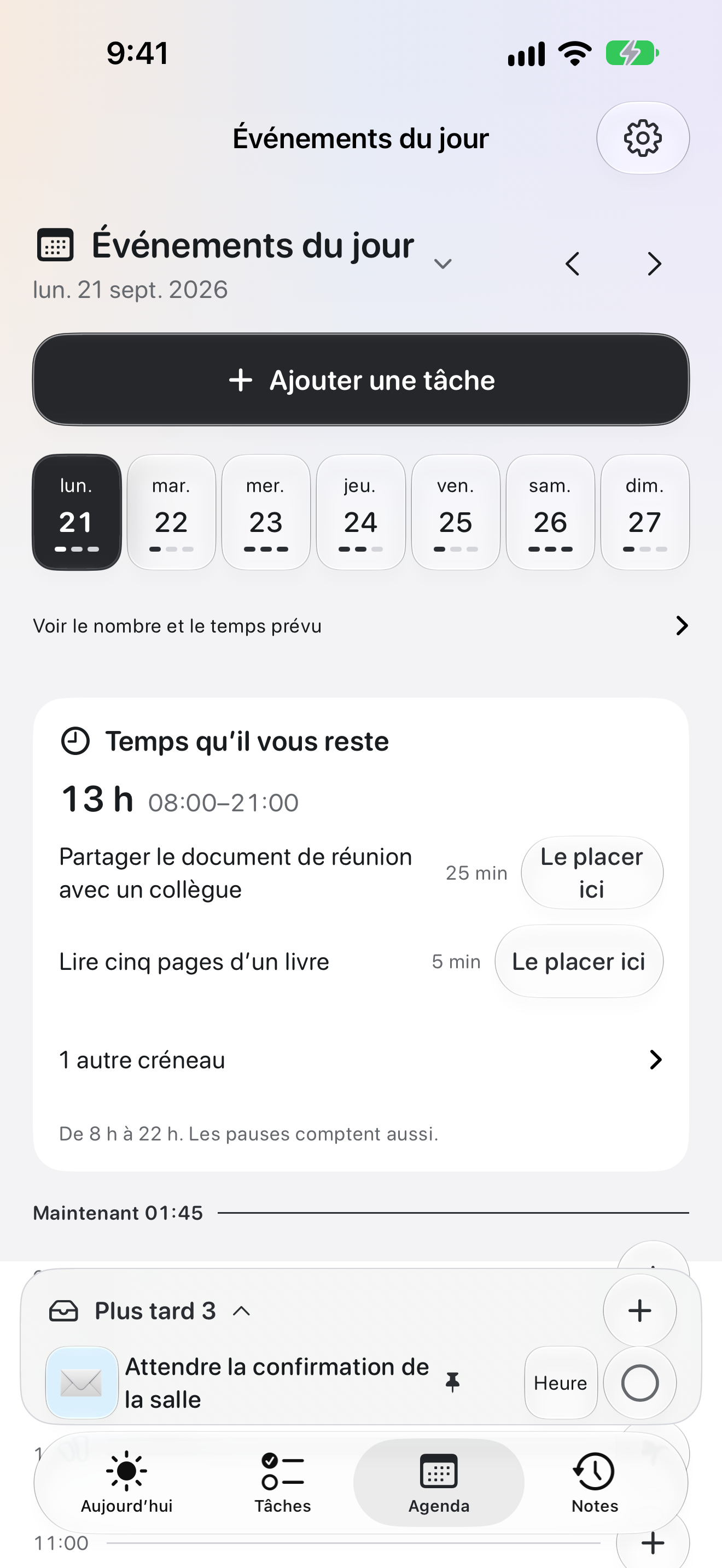 L’écran Agenda d’OK Planner, avec les rendez-vous du jour et le temps disponible