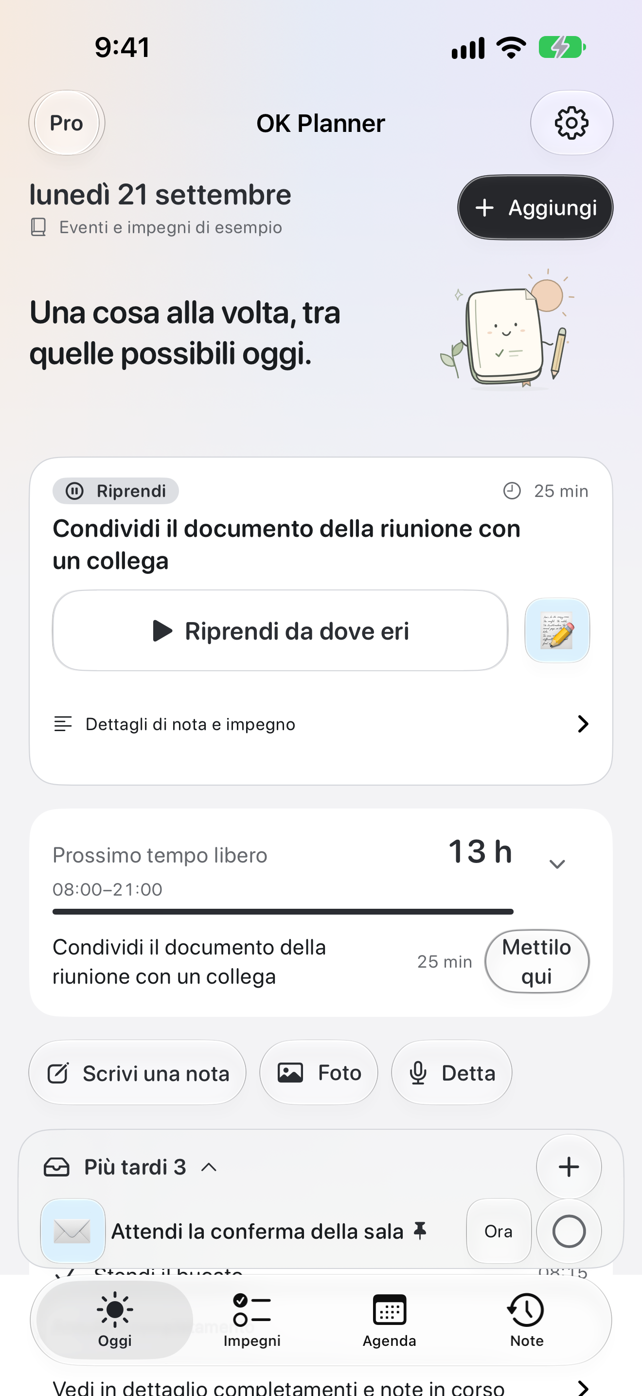 La schermata Oggi di OK Planner, con la prossima cosa da fare e il tempo libero intorno