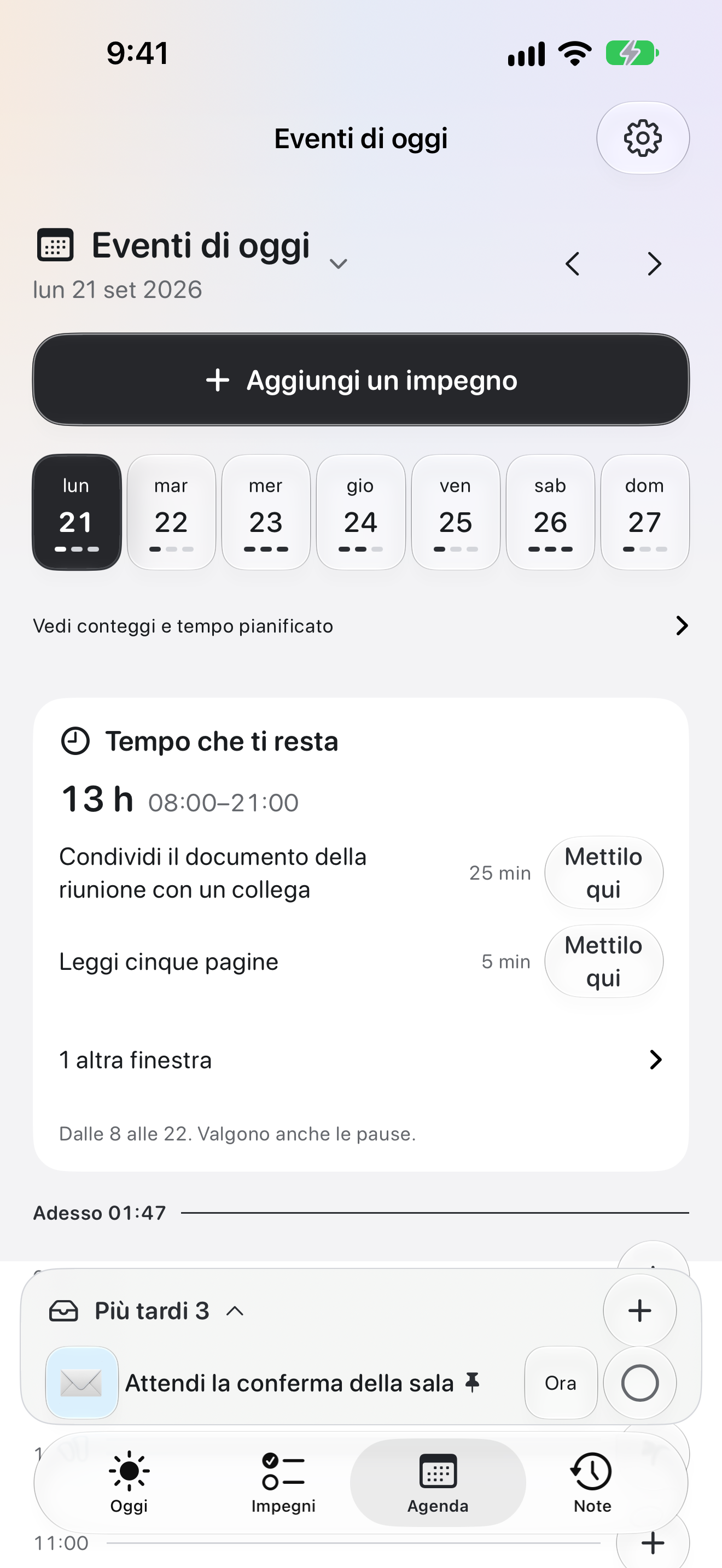 La schermata Agenda di OK Planner, con gli impegni del giorno e il tempo disponibile