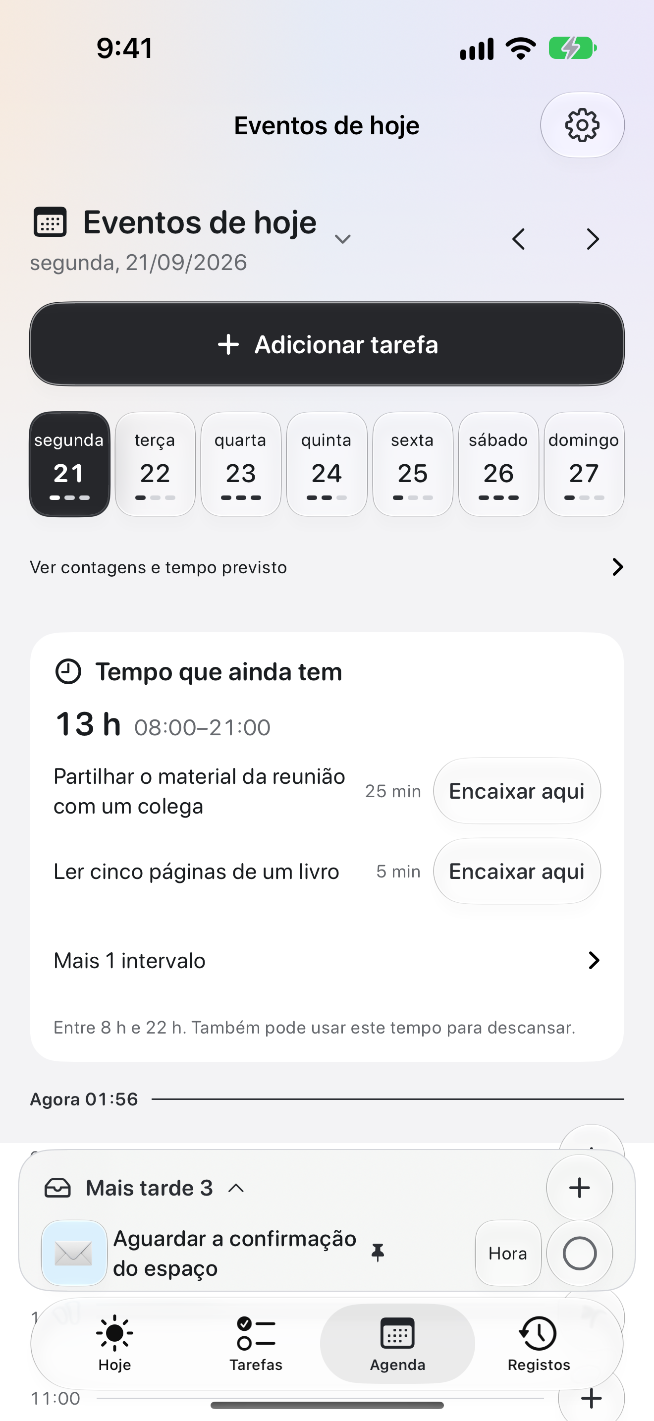 O ecrã Agenda do OK Planner, com os compromissos do dia e o tempo disponível