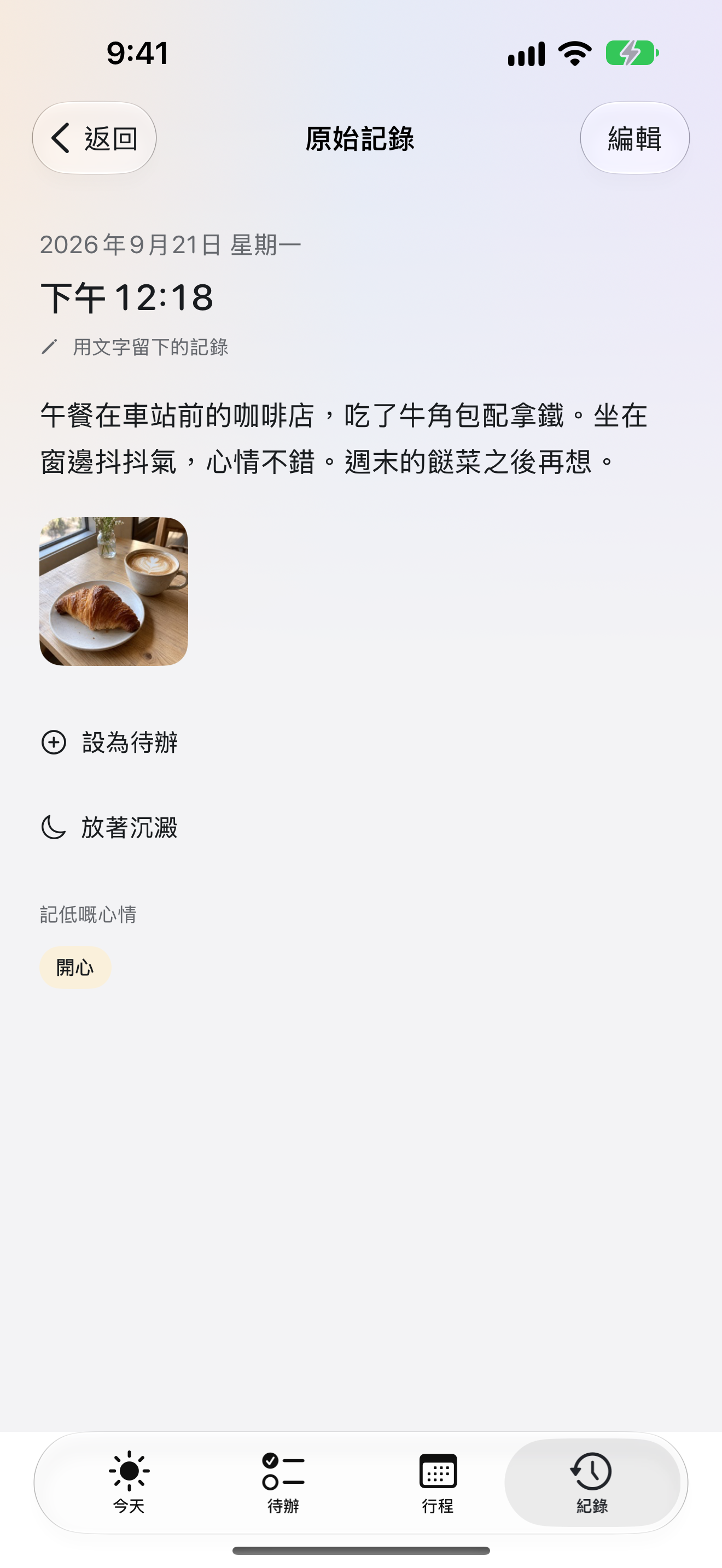 OK Planner 嘅單篇日記詳情,顯示相片、內文同儲存咗嘅心情