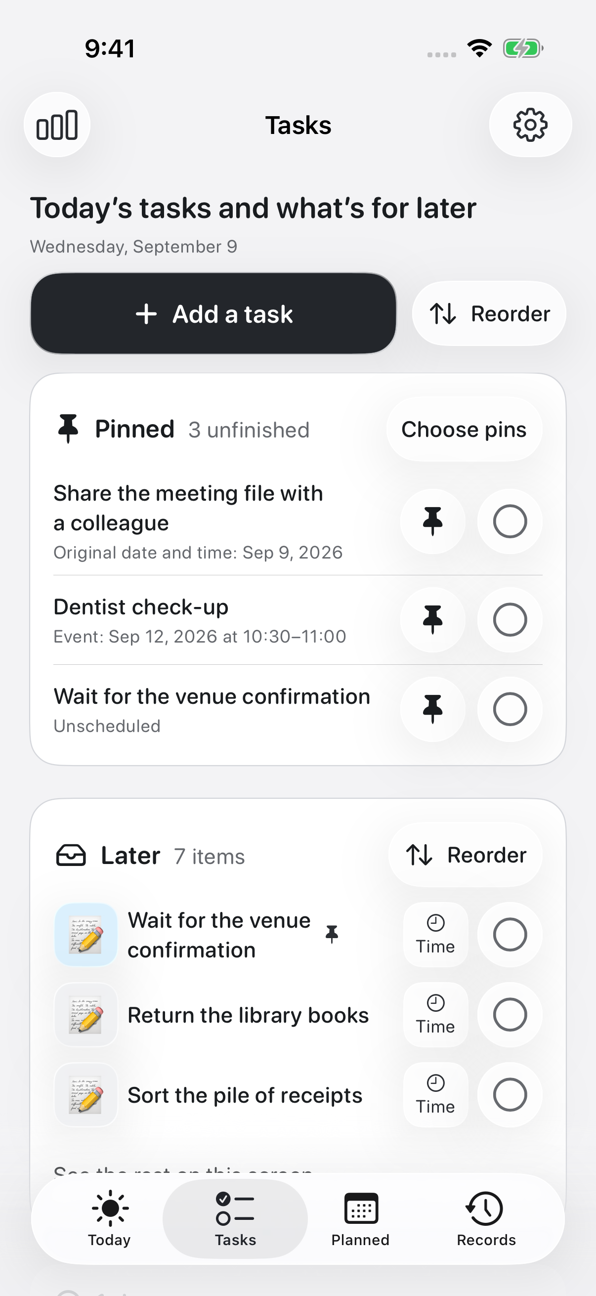 The tasks screen in OK Planner, in light mode