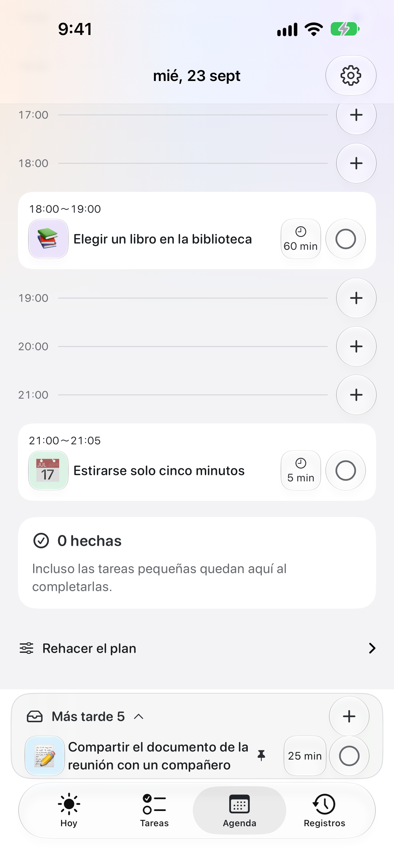 La pestaña Agenda, con un día seleccionado y los eventos de ese día en orden