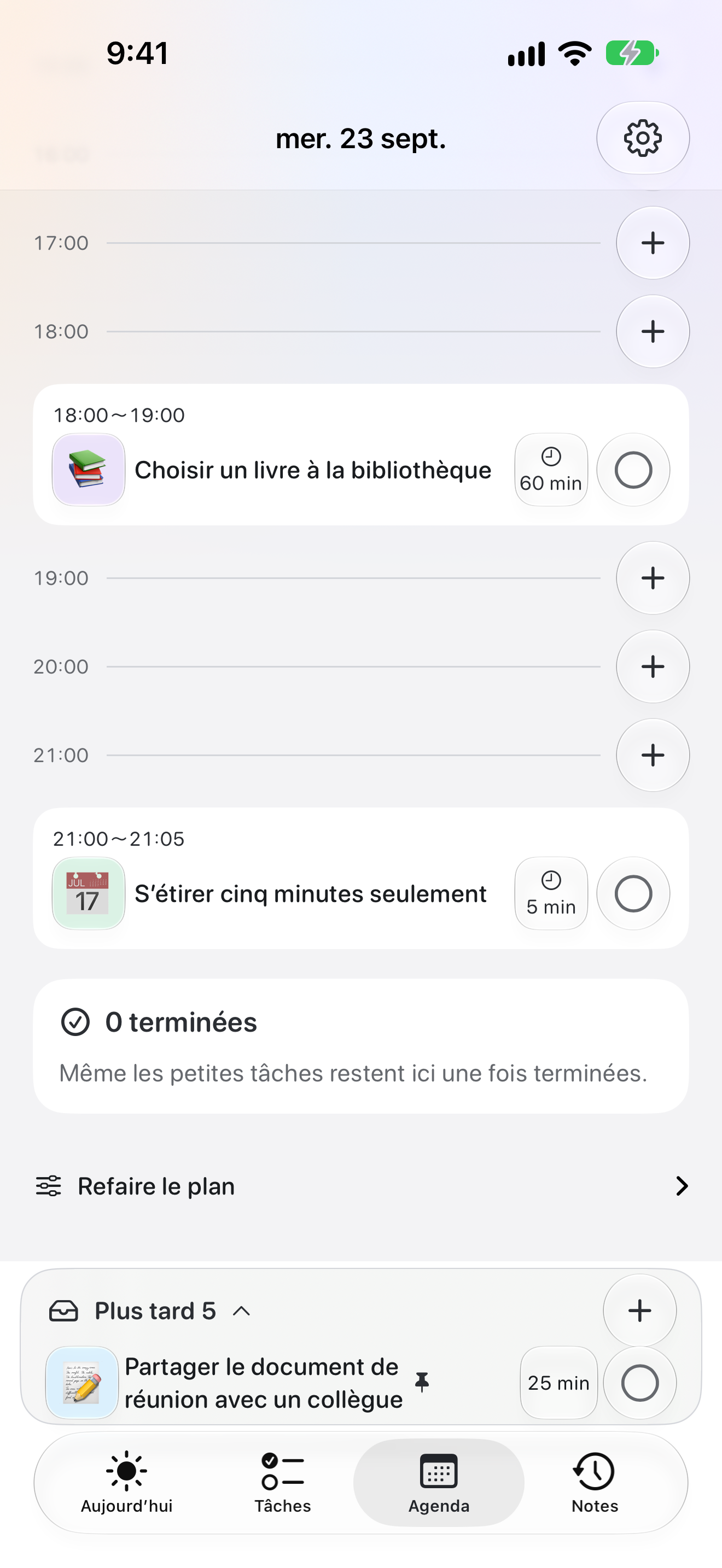 L’onglet Prévu, avec un jour sélectionné et les événements de ce jour dans l’ordre