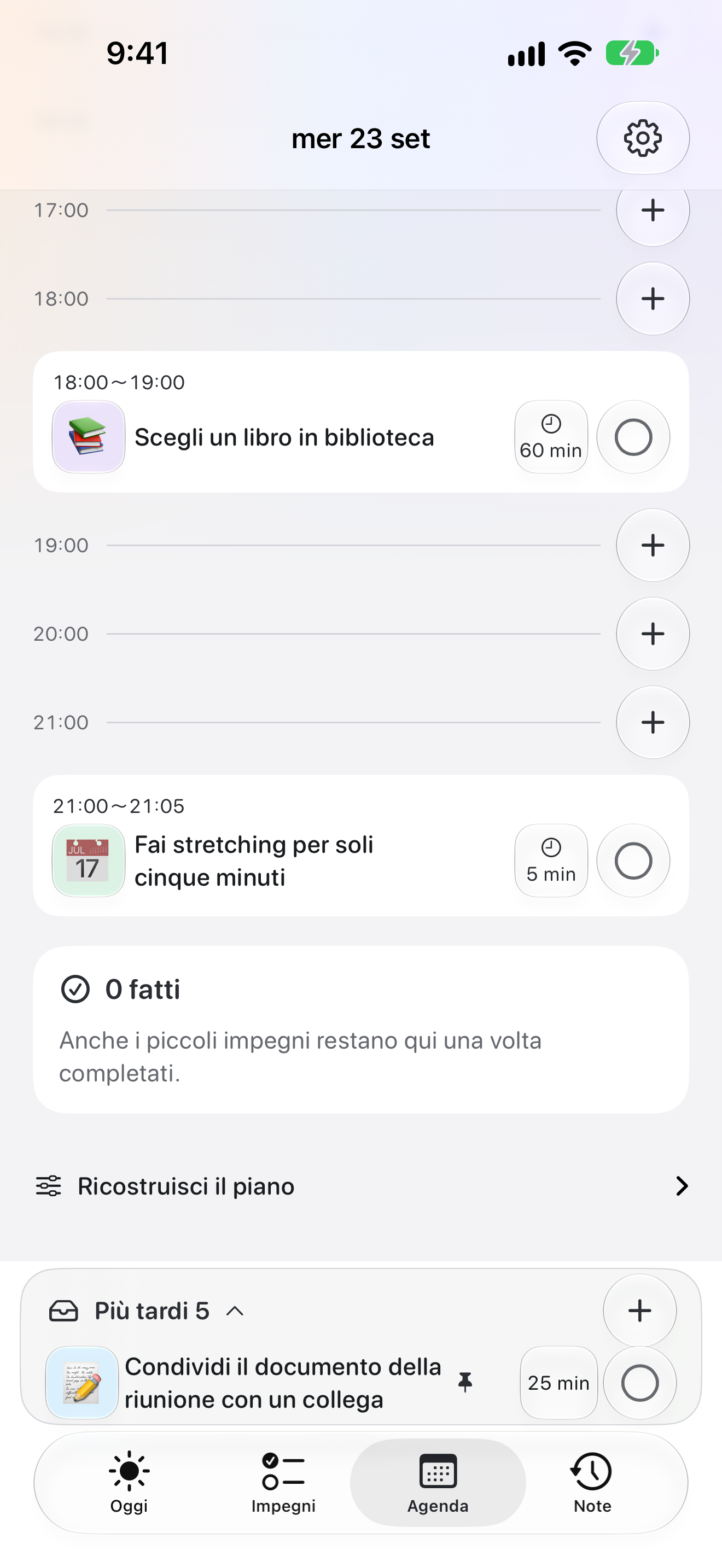 La scheda Agenda, con un giorno selezionato e gli eventi di quel giorno in ordine
