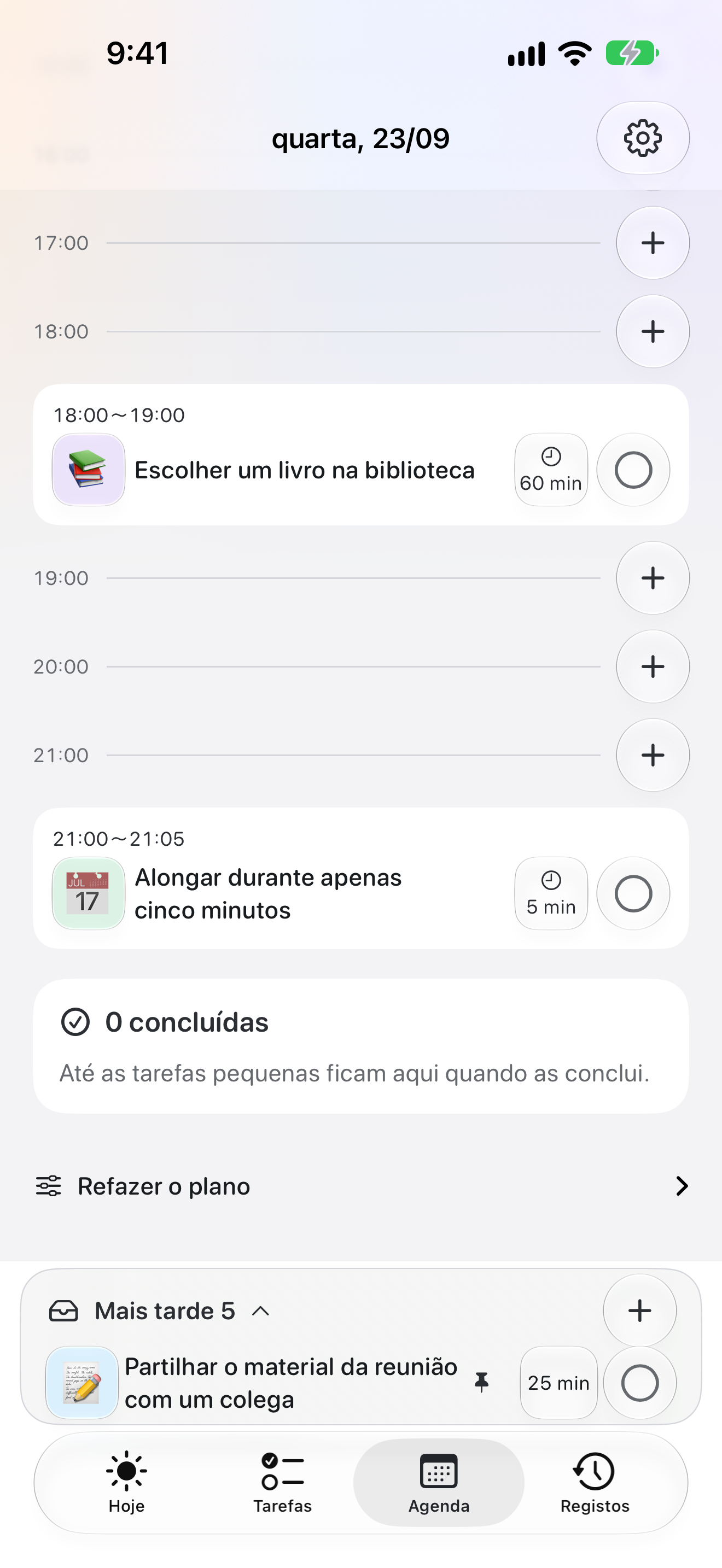 A aba Agenda, com um dia selecionado e os compromissos daquele dia em ordem